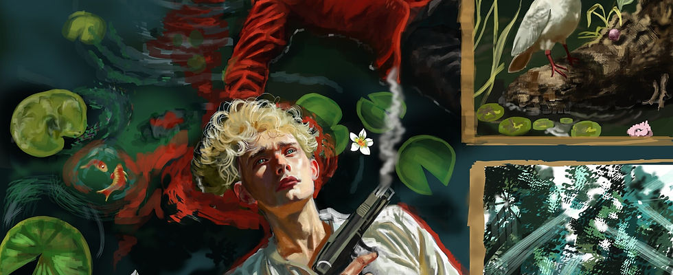 Digital painting of a dramatic scene with two men in a pond, one holding a smoking gun, surrounded by lily pads, fish, flower